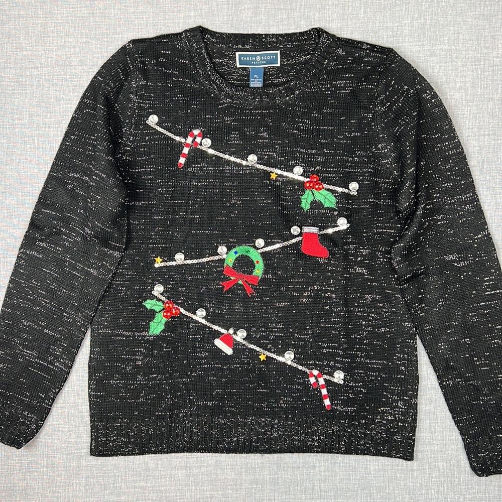 Black & Silver Metallic Christmas Xmas Holiday Sweater Petite Size Large - Picture 2 of 5